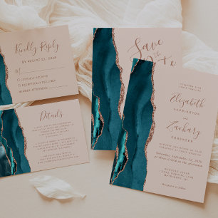 Agate Teal Blue Rose Gold Blush Save the Date Card