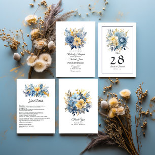 Dusty Blue and Gold Floral Wedding Invitation