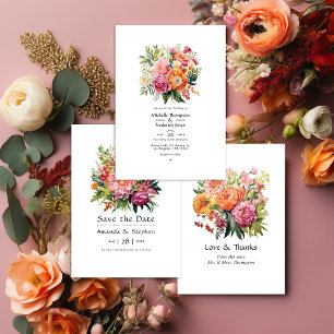 Pink, Orange and Green Floral Wedding Invitation
