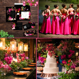 Elegant Black Burgundy Pink Floral Frame All In One Invitation