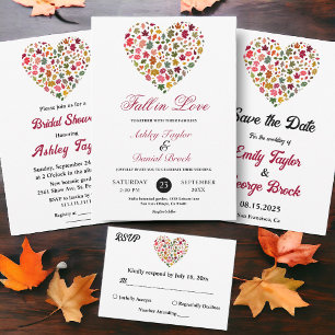 Elegant Fall Leaves Heart Black Floral Wedding All In One Invitation
