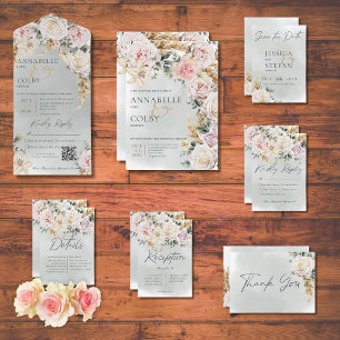 Boho Pampas & Pink Roses Green Wedding Save The Date