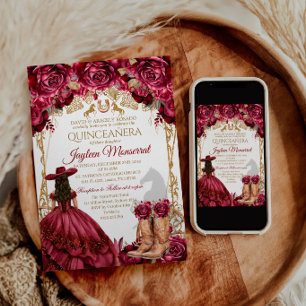 Burgundy Gold Charra Horse Quinceanera Invitation