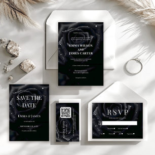 Elegant Floral Midnight Rose Black & White Wedding Invitation