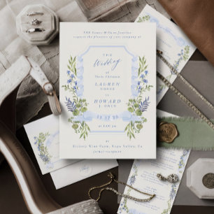 blue and greenery garden crest wreath wedding invitation