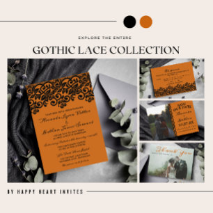 Gothic Lace Halloween Orange Black Wedding Invitation