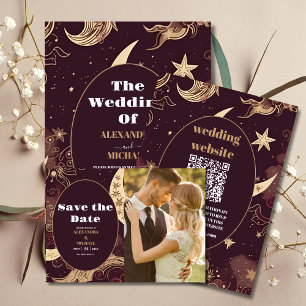 Elegant Burgundy Gold Celestial Wedding Save The Date
