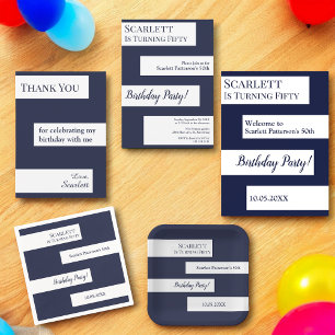 Minimal Navy Blue White Elegant Chic 50th Birthday Napkin