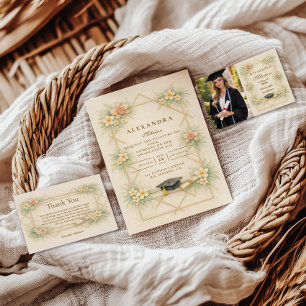 Elegant Gold Geometric Floral Graduation Celebrati RSVP Card