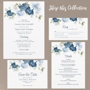 Dusty Blue Floral Botanical Watercolor Wedding Thank You Card