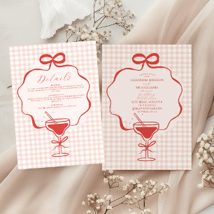 Whimsical Hand Drawn Red Bow Wavy Wedding All In One Invitation