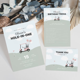 Girls' Hole-In-One Pink Golf 1st Birthday Thank You Card