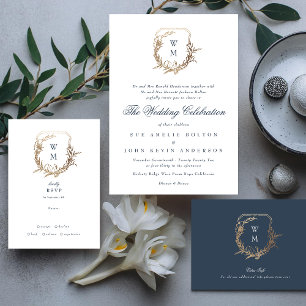 Navy Blue Gold White classic crest wedding Enclosure Card