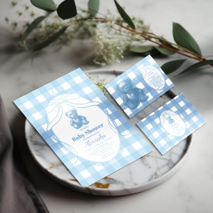 Elegant Gingham French Teddy Bear Baby Shower Invitation