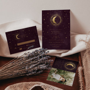 Celestial Burgundy Gold Moon And Stars Wedding Invitation