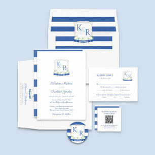 Preppy Nautical Blue White Monogram Crest Wedding Invitation