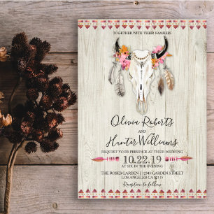 Boho Floral Antlers Skull Dark Wood Wedding All In One Invitation