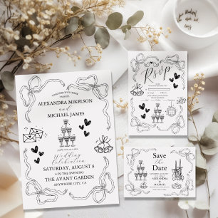 Black and white Whimsical Retro Doodle Art Wedding Invitation