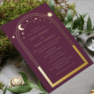 Mystical Chic Plum Gold Star Moon Photo Wedding Thank You Card