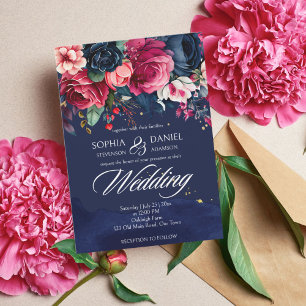 Navy blue burgundy flowers wedding template