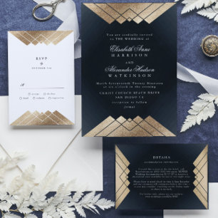 Geo Dark Navy Gold Gatsby Calligraphy Wedding Invitation