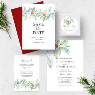 Christmas Wedding Invitations Watercolor Greenery