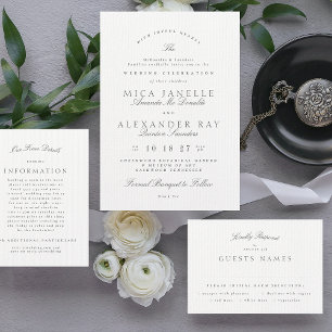 White Dark Grey Vintage Calligraphy Formal Wedding Invitation
