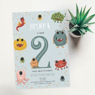 Boys Cute Monster Kids Fourth Birthday Invitation