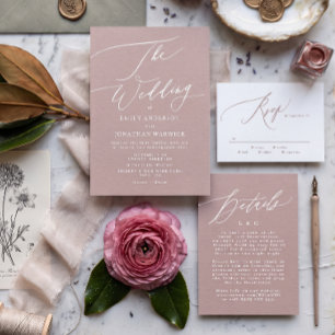 Modern Pink Taupe & White Monogram Wedding Details RSVP Card