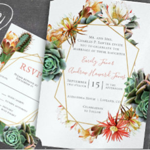 Desert Cactus Geometric Gold Frame Wedding All In One Invitation