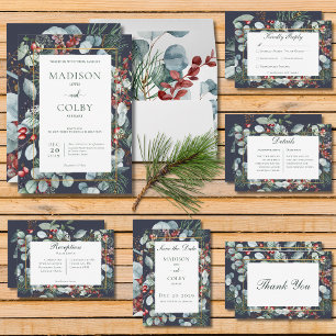 Winter Christmas Greenery Navy Wedding RSVP Card