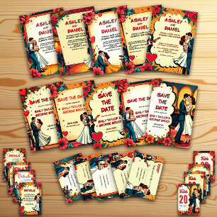 Retro Romantic Bride and Groom Comic Style Wedding Invitation