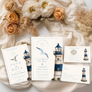 Elegant Watercolor Nautical Lighthouse Wedding Invitation
