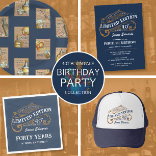 Vintage Blue Gold Men's Whiskey 40th Birthday Invitation