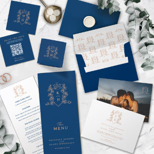 Wedding dark blue rose gold crown monogram photo all in one invitation