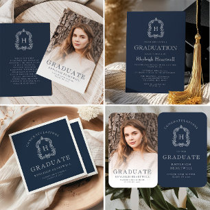 Monogram Navy Blue Photo Graduation Announcement