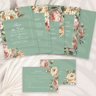 Elegant Blush Pink Peonies Pastel Sage Wedding Save The Date