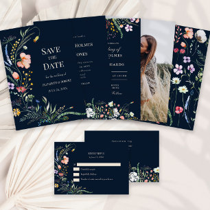 Navy Blue Watercolor Wildflower Meadow Wedding Invitation