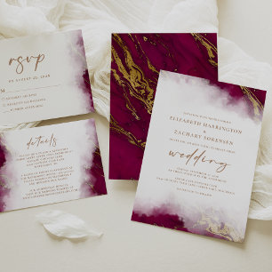 Elegant Marble Burgundy Red Gold Wedding Invitation