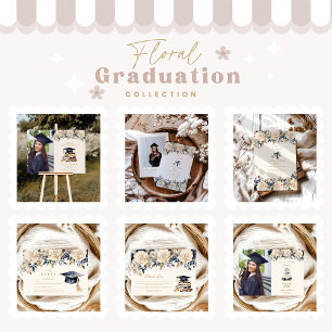 Elegant Navy Gold Floral Graduation  RSVP Card
