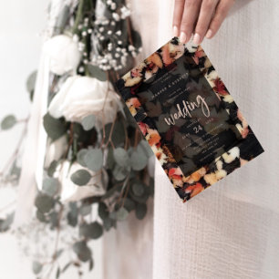 Vivid Foliage   Fall Leaves & Dark Wood Wedding Invitation