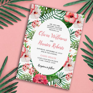 Tropical Floral Hibiscus Arch Wedding Navy Blue Invitation