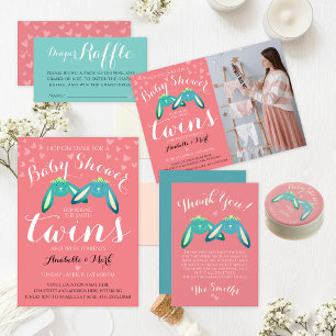 Cute Twin Bunnies Pastel Neutral Baby Shower Photo Invitation