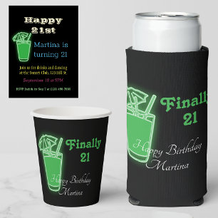 Neon Drinks and Dancing 21st Birthday Party Foil Invitation Postcard