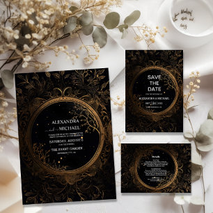 Mystical Celestial Black and Gold Wedding Invitation