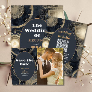 QR Code Elegant Silver Gold Celestial Wedding All In One Invitation