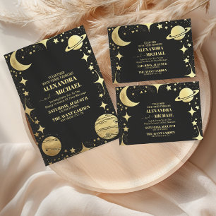 Celestial Black Gold Crescent Moon Wedding Invitation