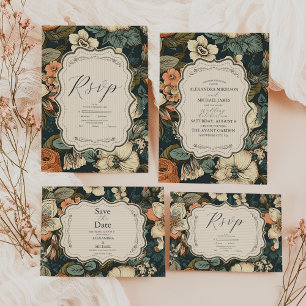 Vintage Navy Fall Flowers Wedding All In One Invitation