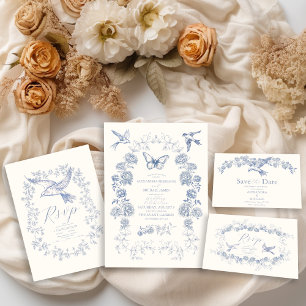 Victorian Toile French Blue Classic Wedding RSVP Card