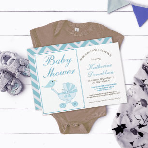 Cute Blue Bird Baby Carriage Chevron Baby Shower Invitation